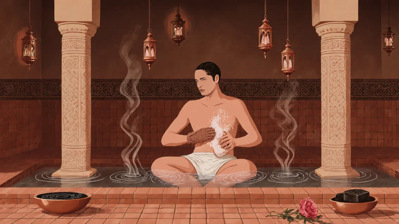 A traditional Arabic Hammam ritual with steam, copper lanterns, and black soap being used for exfoliation in a tiled spa room.