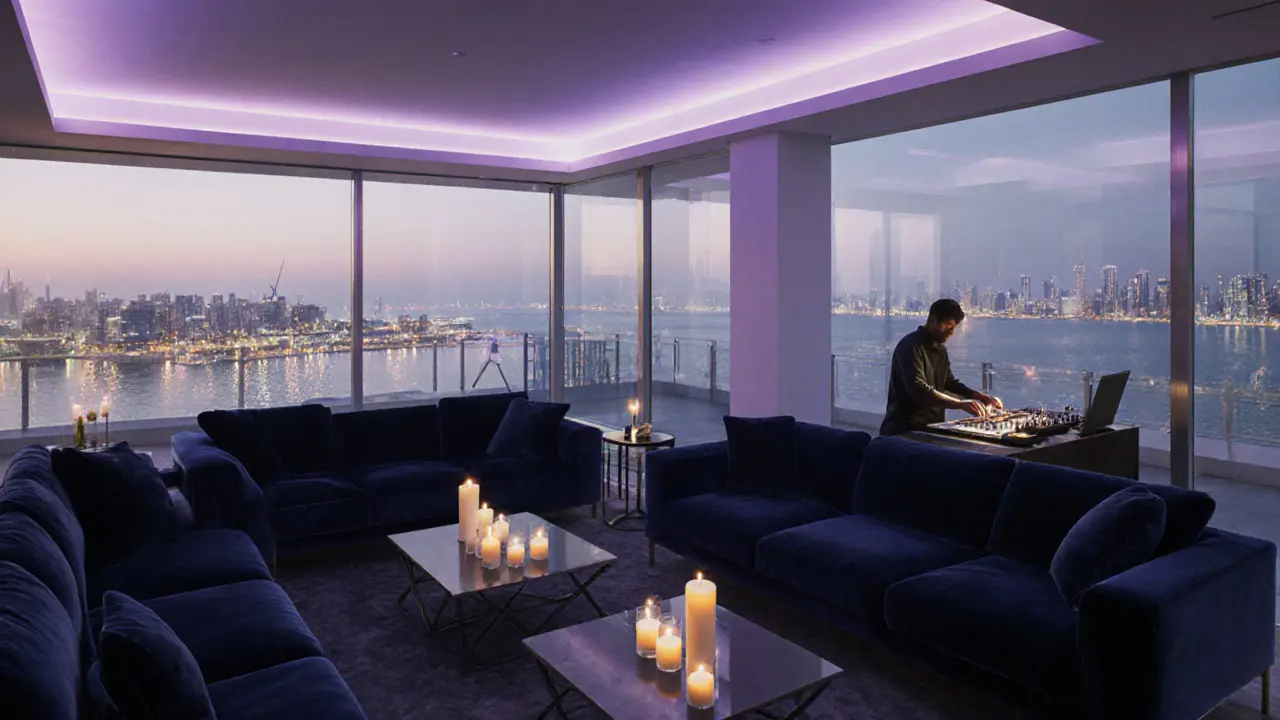 After‑hours chill area with dimmed pastel lighting, lounge sofas, and Dubai Marina lights visible outside.
