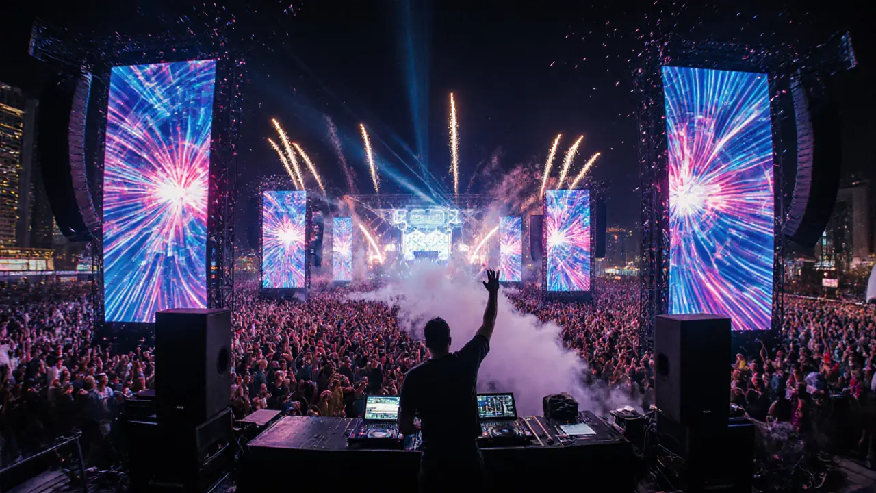 BASE Dubai open‑air mega‑club stage view with neon lights, crowd and lasers.
