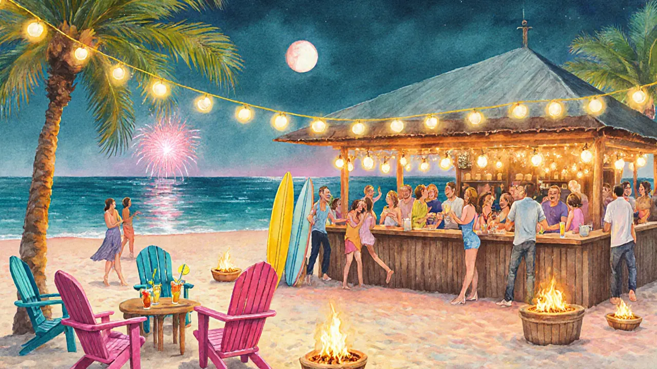 Beach bar Barasti at night with string lights, fire pits, and festive crowd.