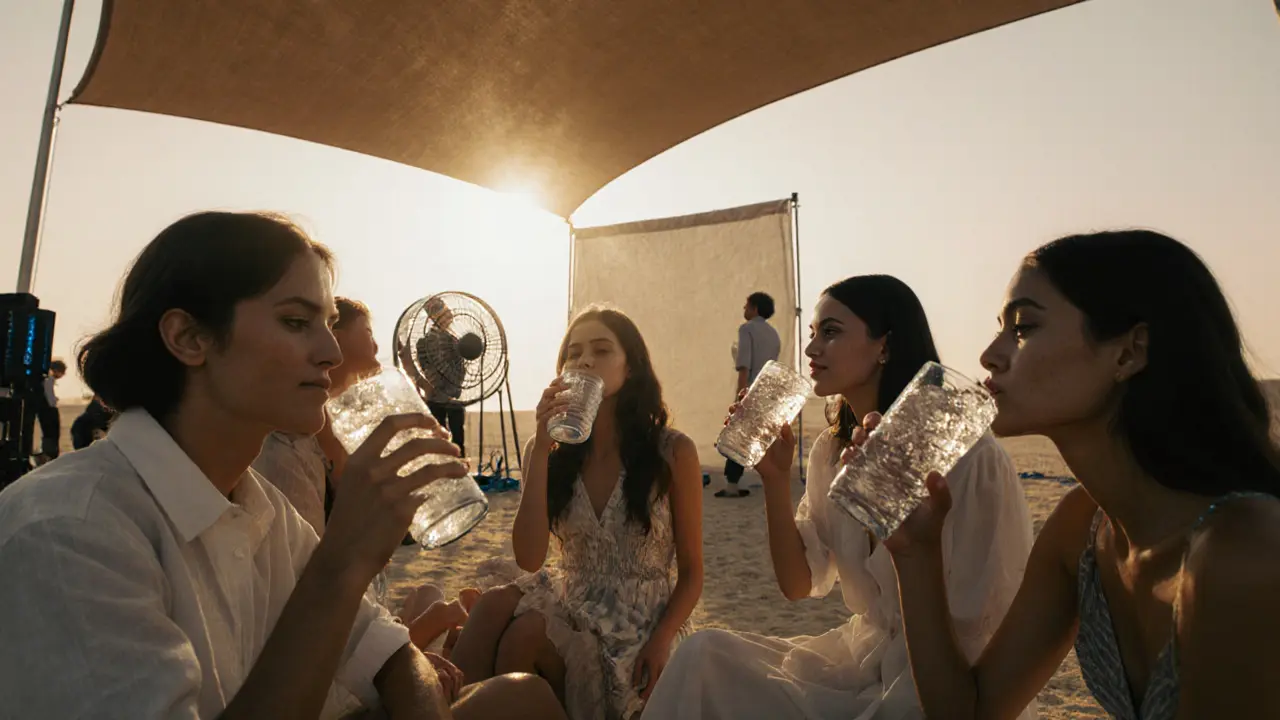 Behind‑the‑scenes shot of models drinking water near a cooling station on a sunrise Dubai shoot.