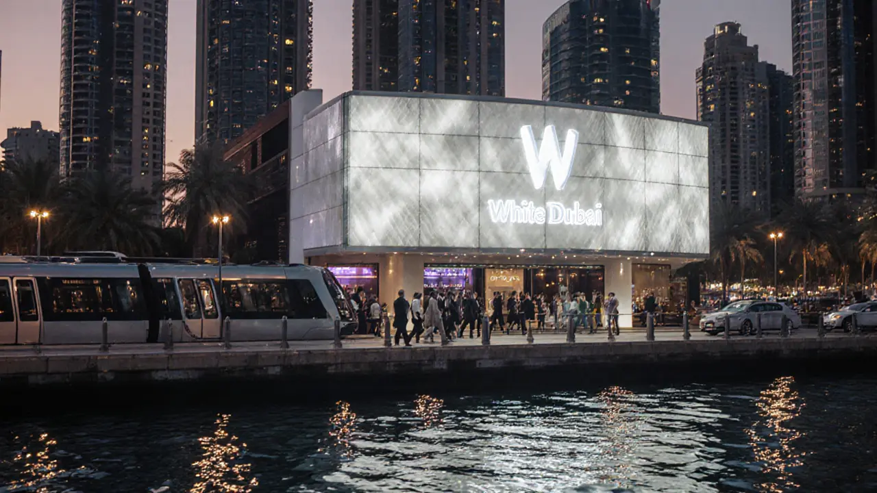 Cinematic dusk scene of Dubai Marina showing White Dubai's illuminated building and arriving patrons.