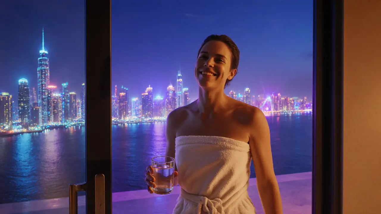 Client leaving spa, smiling, with Dubai skyline and night lights.