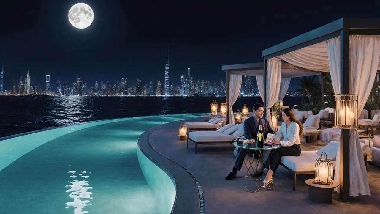 Cove beach club night scene with couple, champagne, passport on table.