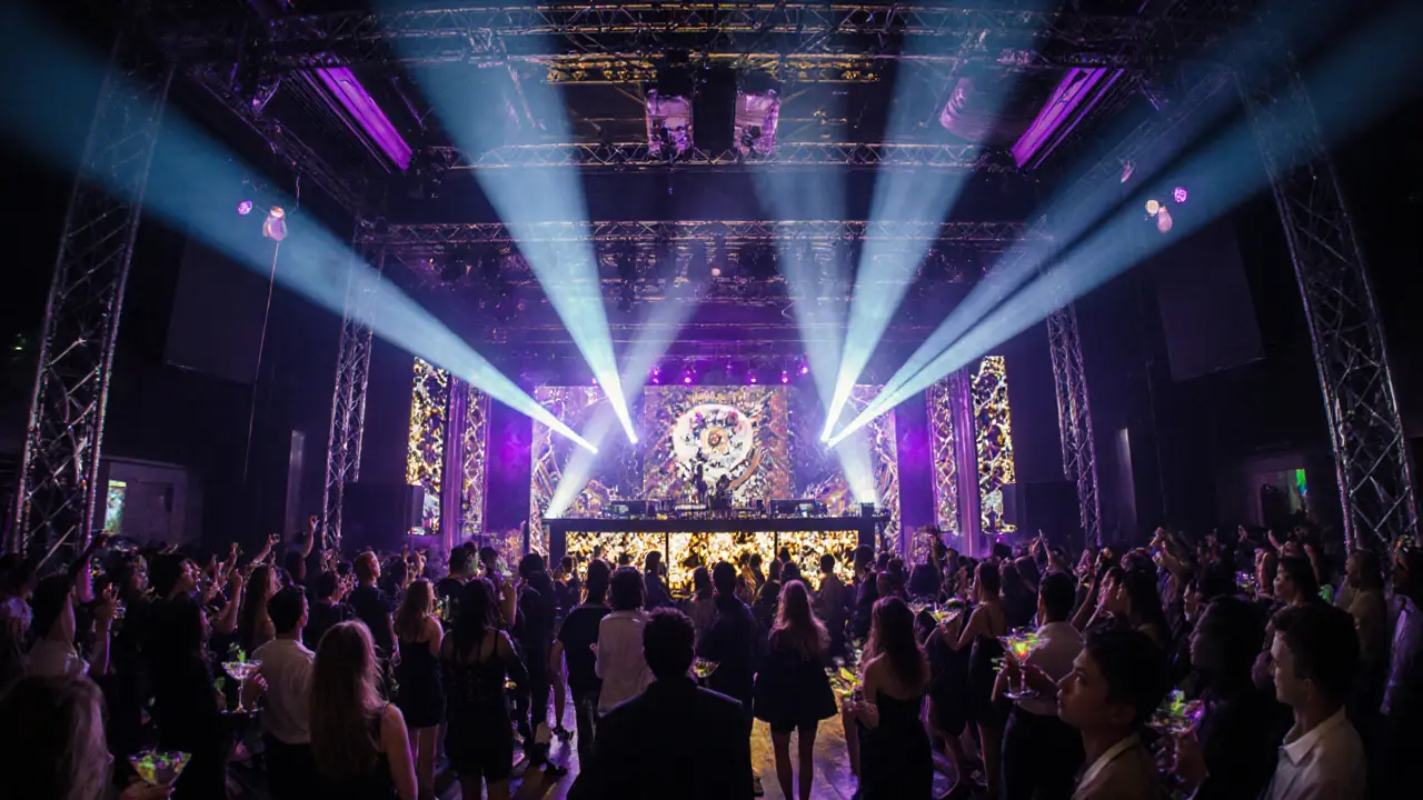 Crowd dances under vibrant LED lights and a DJ booth with Cavalli‑style décor.