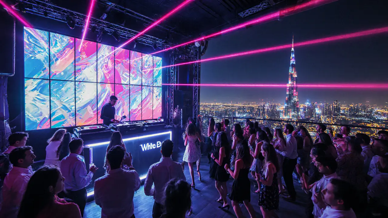 Crowd dancing under laser lights at a rooftop Dubai club with city backdrop.