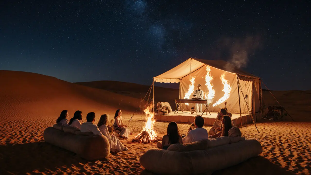 Desert camp party with fire dancers, DJ tent and guests under starry sky.