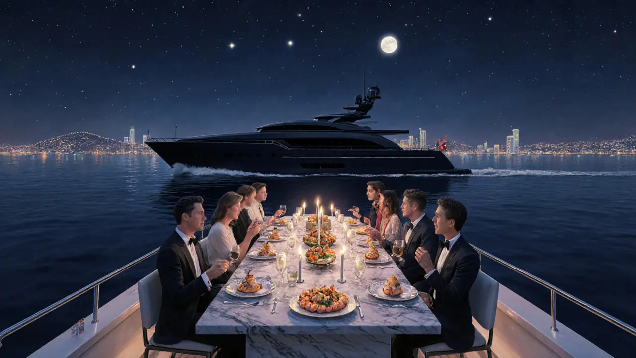 Elegant dinner on a yacht at night with candlelit table and starry sky reflecting on calm water.