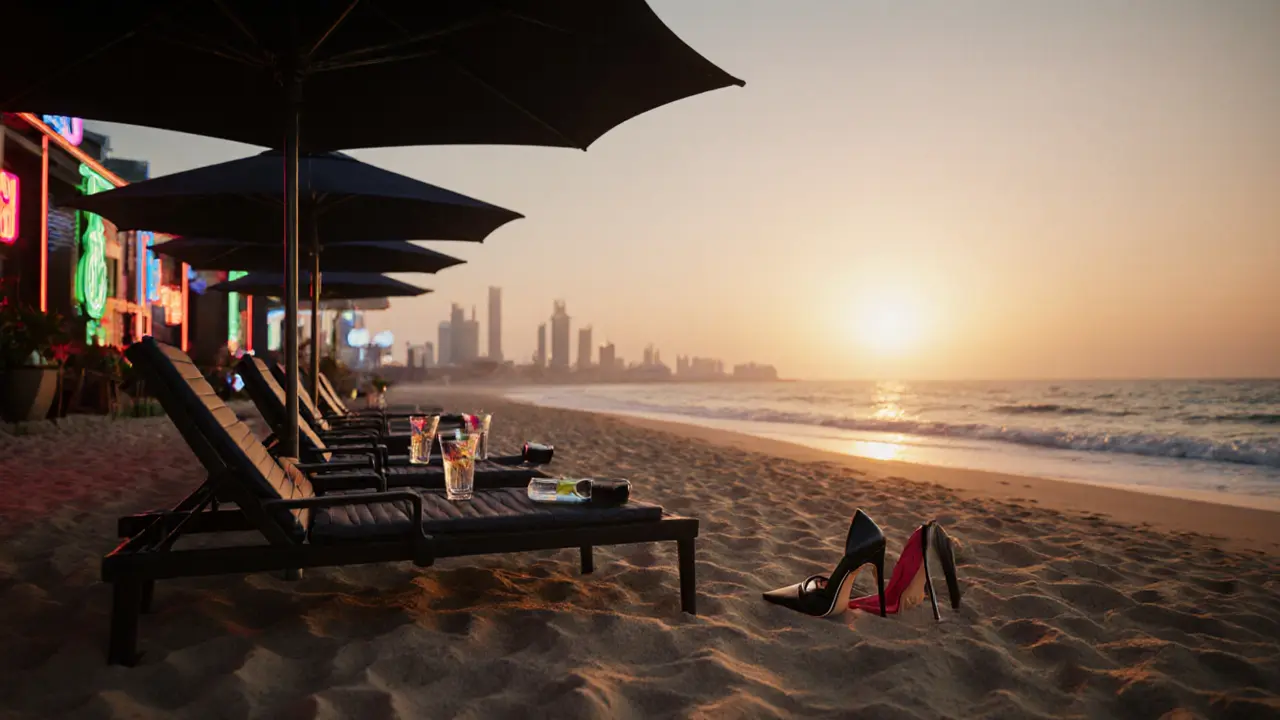 Empty beach club at sunrise with cocktail glasses and heels near the ocean, golden dawn light.
