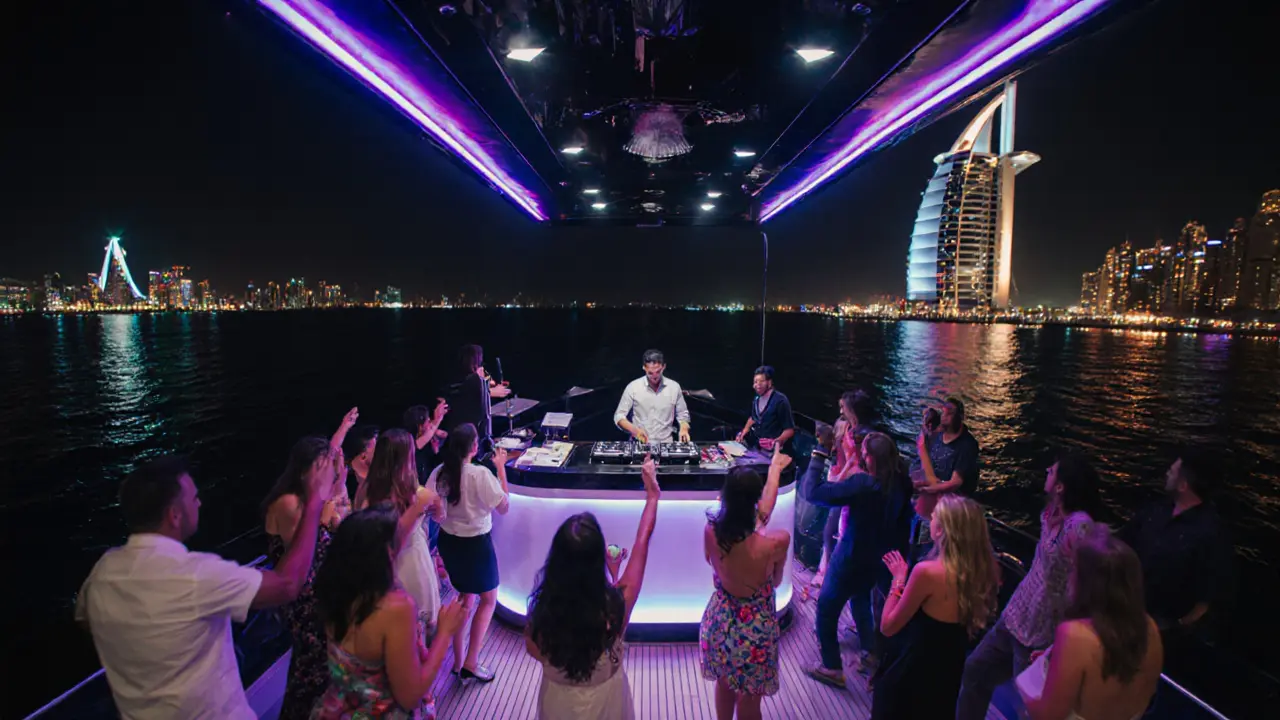 Evening yacht party with guests dancing under LED lights as Dubai's iconic skyline shines behind them.