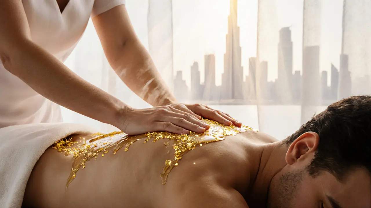 Gold leaf flakes glimmering on skin during a luxury massage, with soft light and a blurred Dubai skyline in the background.