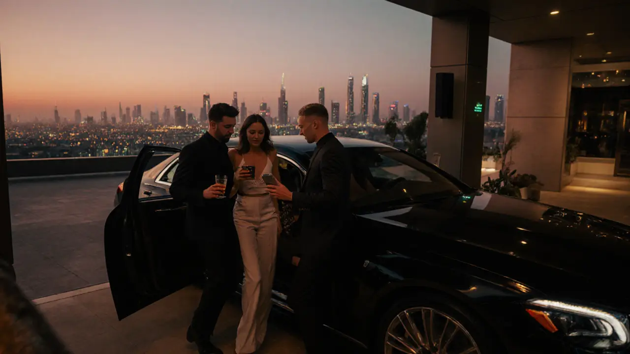 Group leaving a Dubai nightclub, boarding a luxury ride as sunrise appears.