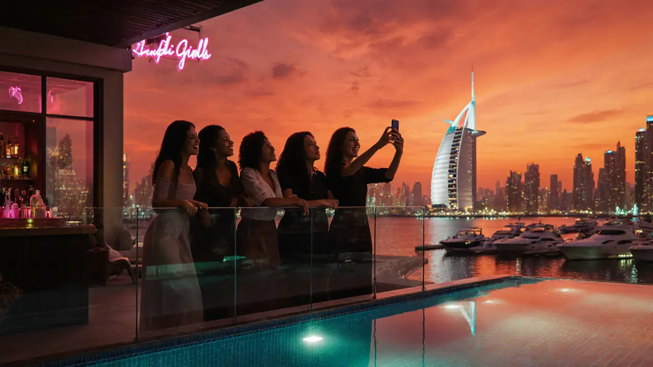 Group of influencers taking a selfie on a Marina rooftop at sunset.