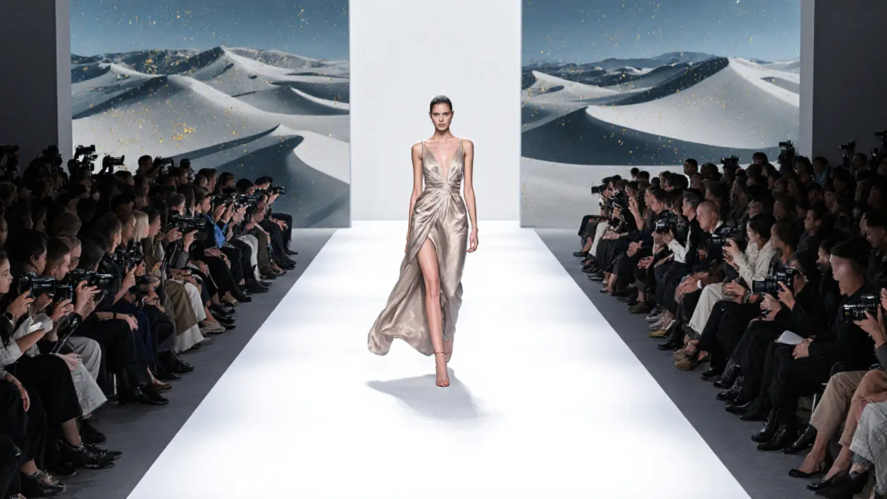 High‑fashion runway model walking under bright lights at Dubai Fashion Week, surrounded by audience.