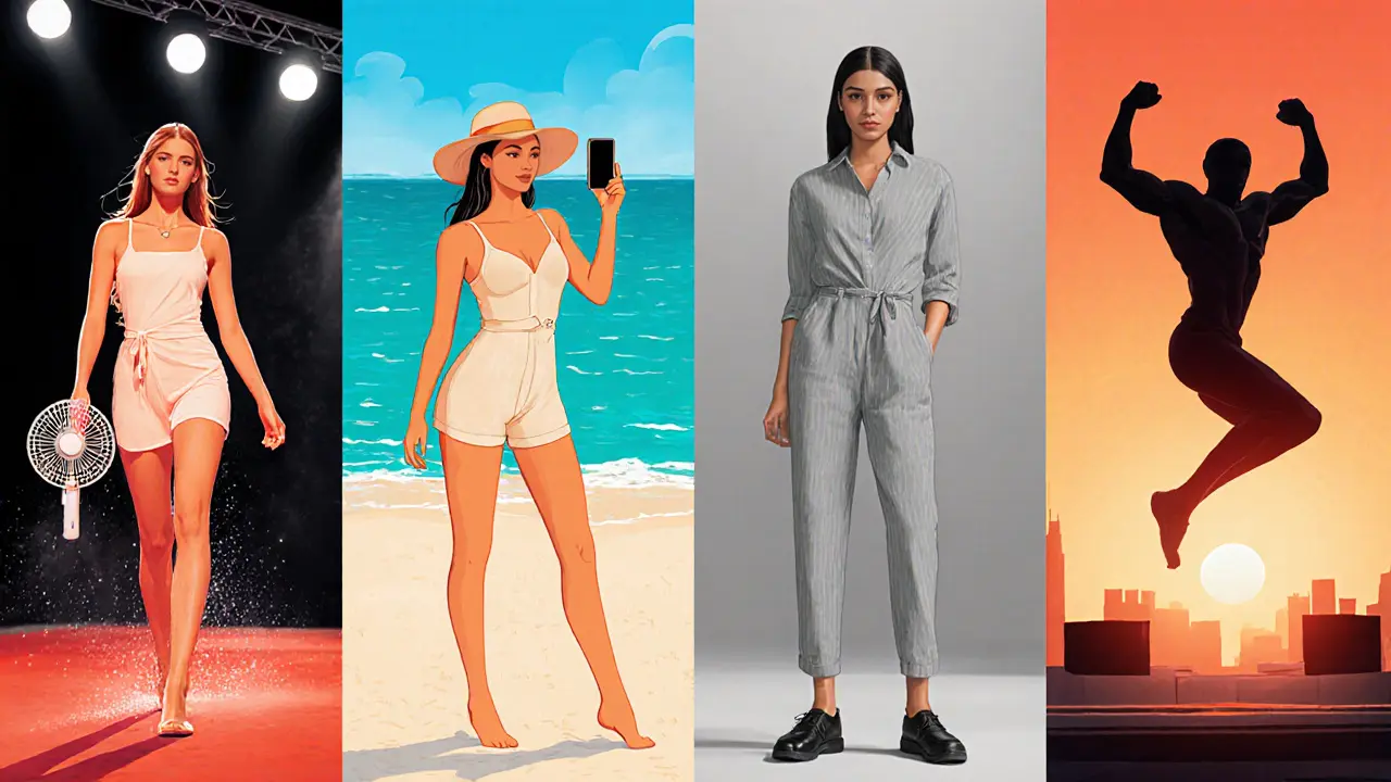 Illustrated collage of four Dubai hot model types: runway, beach influencer, studio fresh‑face, rooftop fitness model.