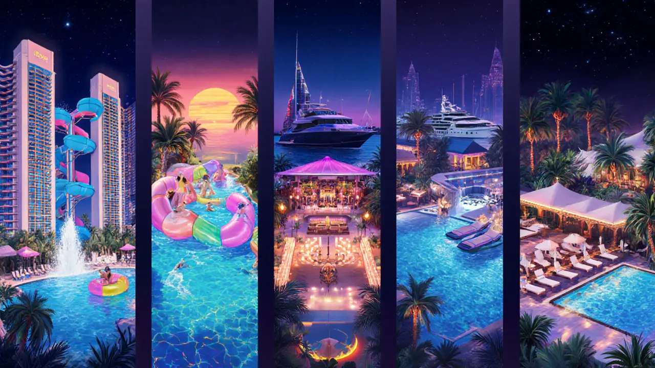 Illustration of five Dubai pool party venues, each with distinct nightlife vibe.
