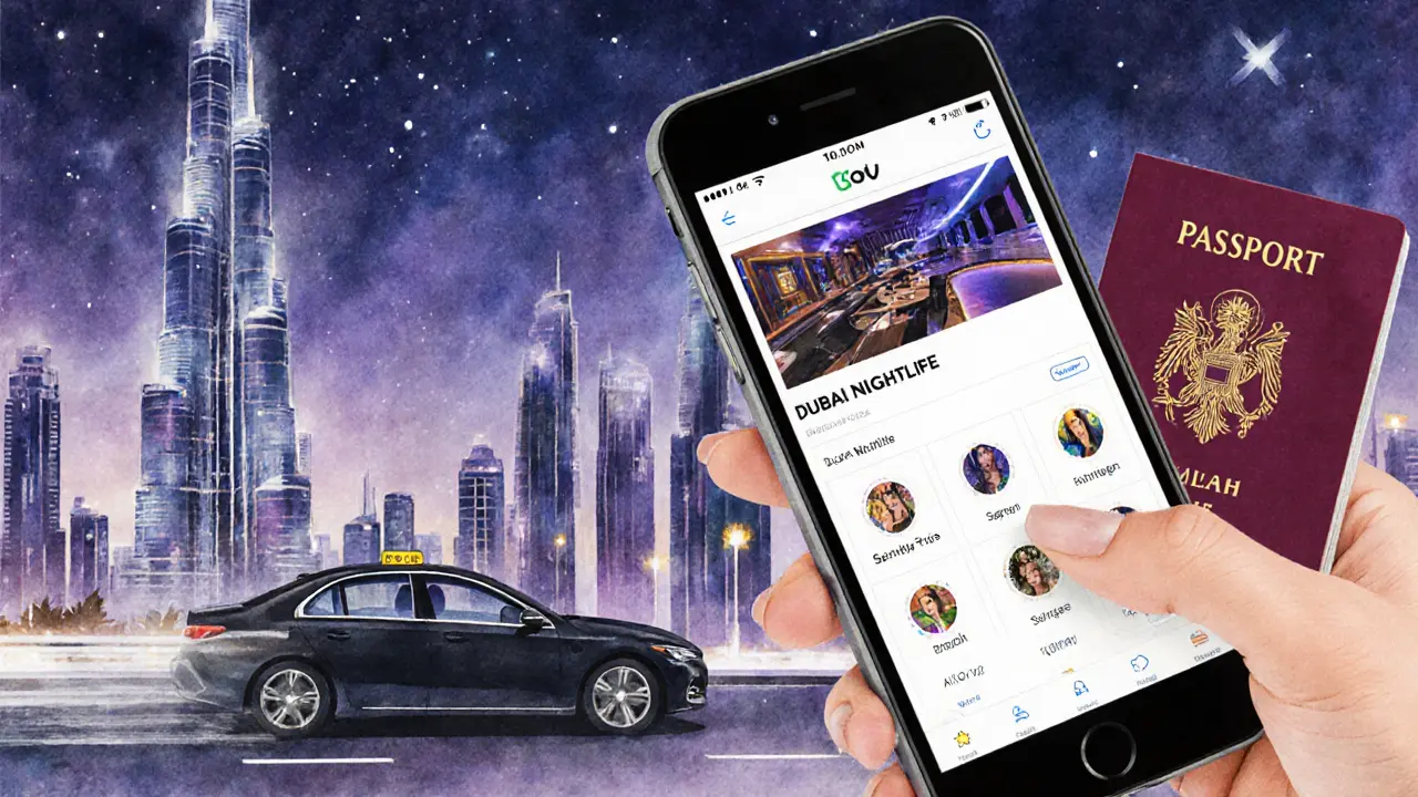 Illustration of rideshare car, nightlife app on phone, and passport in Dubai night scene.