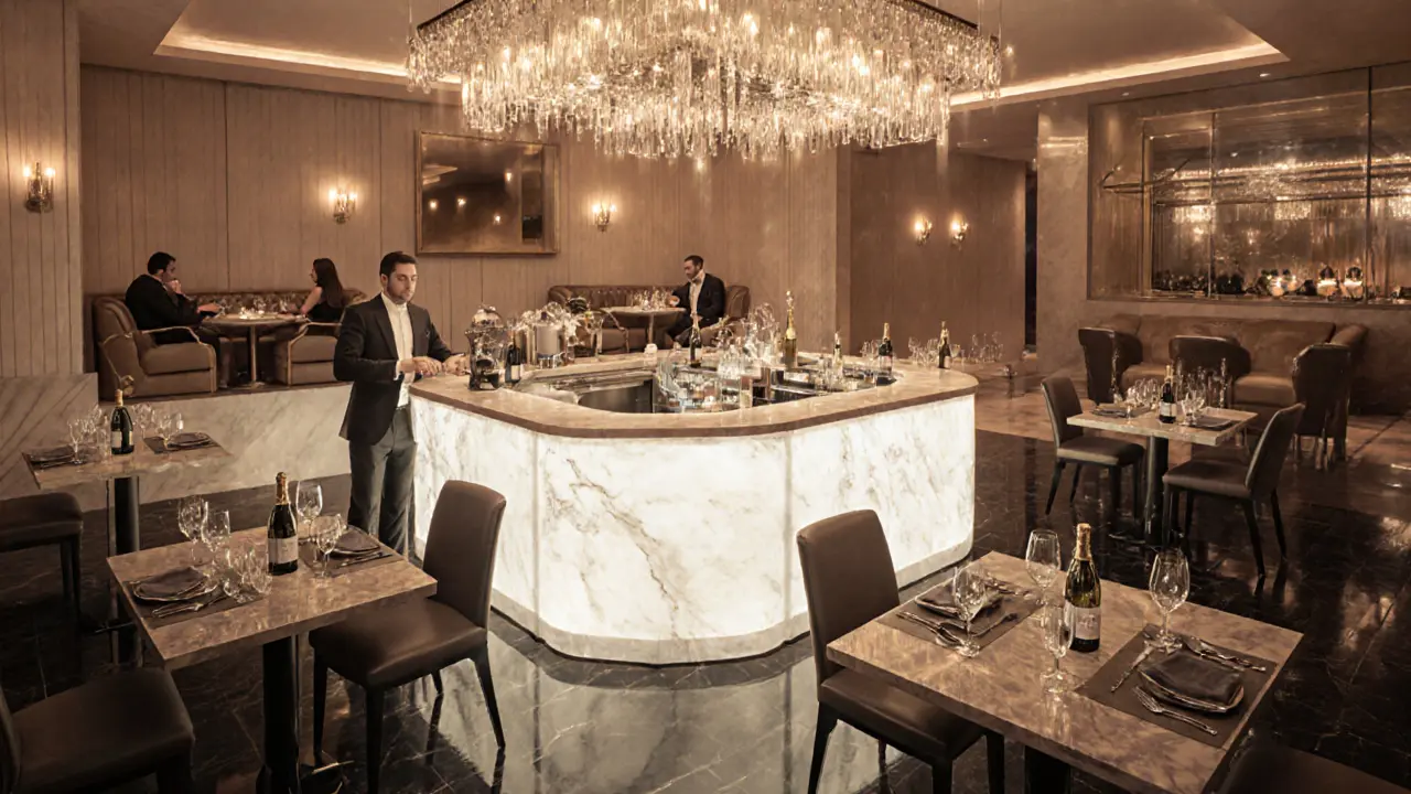 Illustration of White Dubai's VIP lounge with champagne bottles and plush seating.