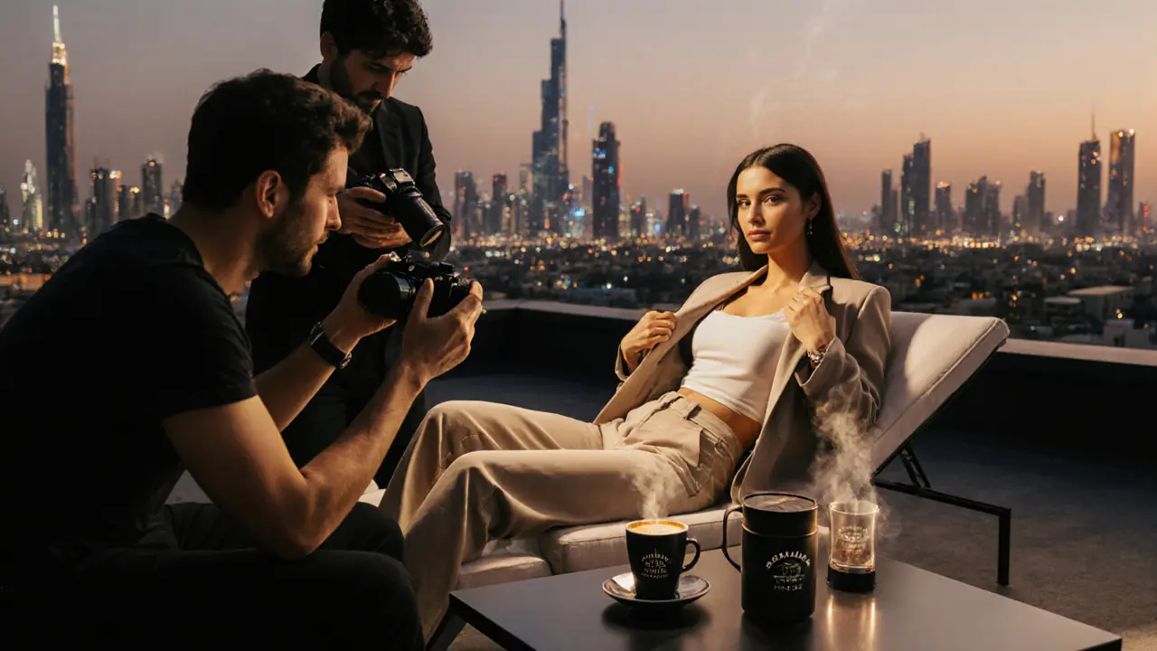 Luxury rooftop photoshoot with a model, photographer, stylist, and coffee break, overlooking the city skyline.