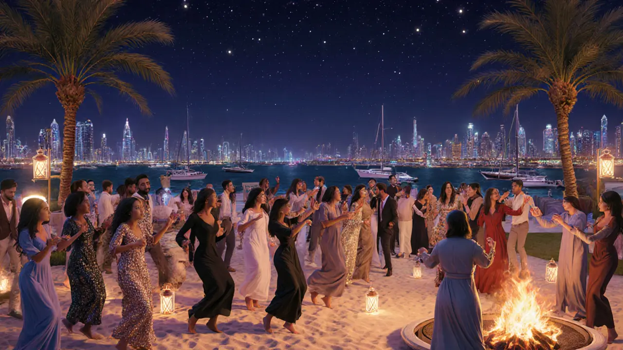 Multicultural crowd dancing at a beachside lounge in Dubai under starlight, with bonfire and lanterns glowing.