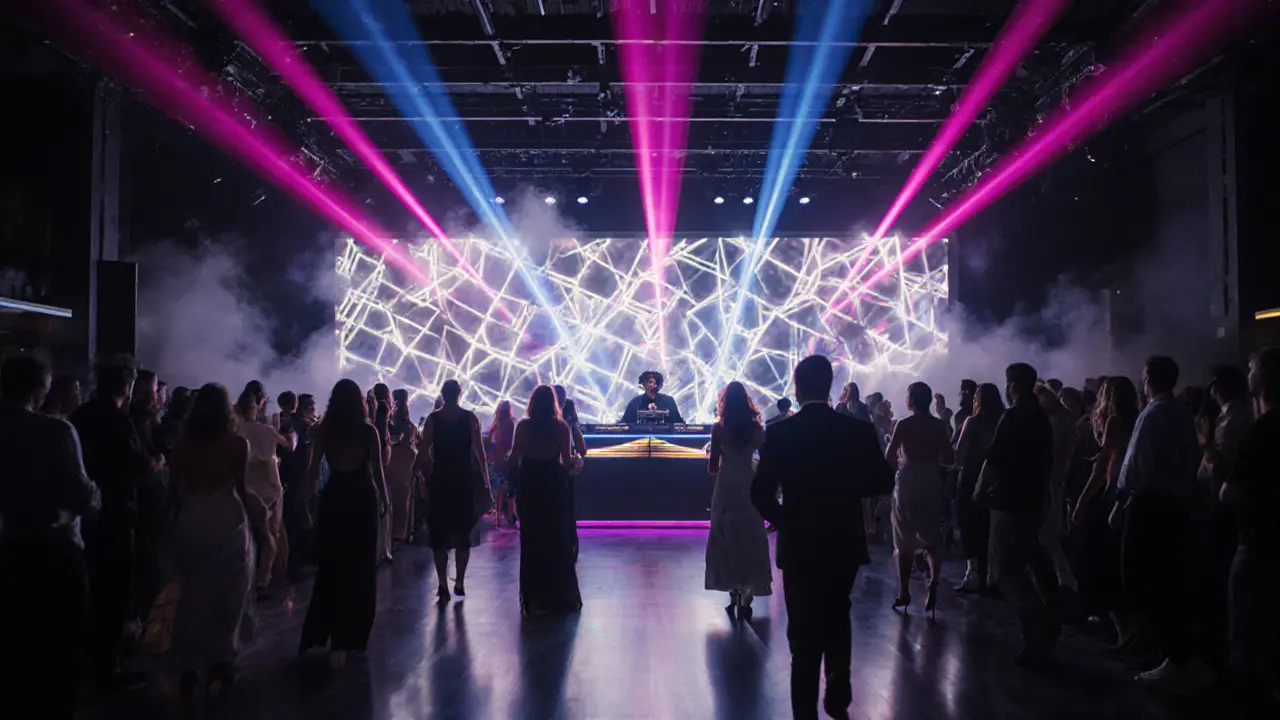 Nightclub interior with neon lights, laser beams, and dancing crowd in Downtown Dubai.
