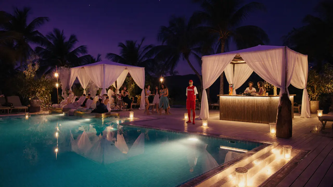 Nighttime pool party showing lifeguard, lit steps, cabanas, and floating bar.