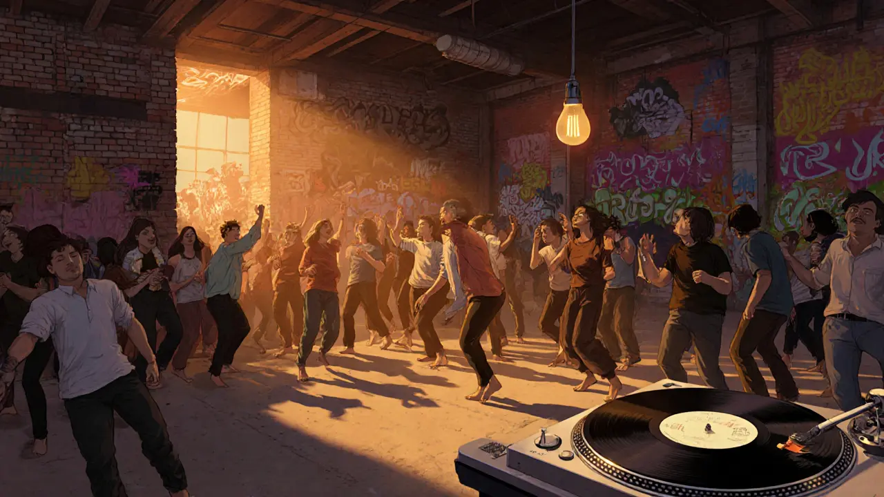 Raw underground warehouse party with vinyl turntable, exposed brick, and dancers on concrete.