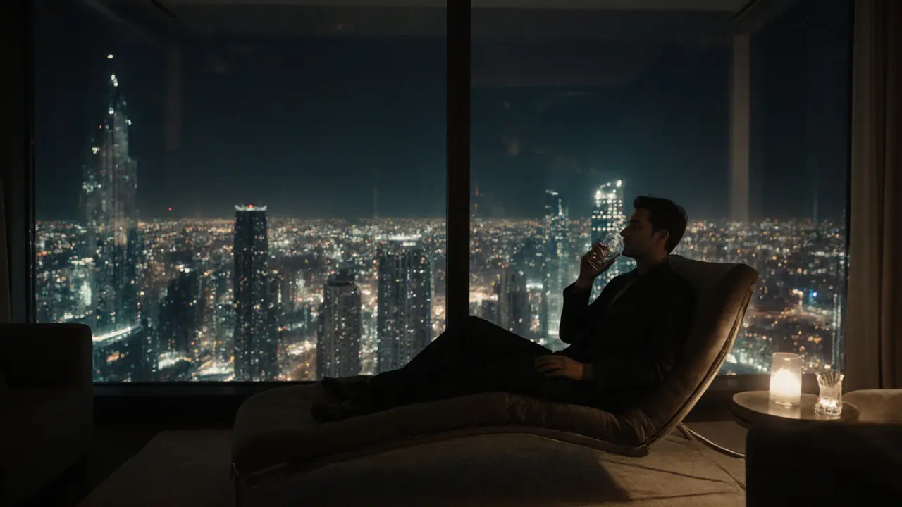Relaxed guest sipping water on a lounge chair with Dubai night skyline behind.