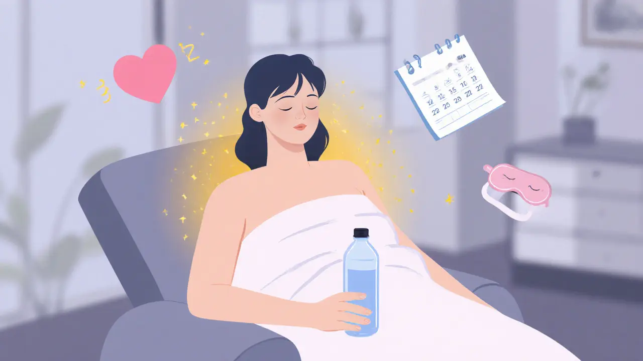 Relaxed person with glowing aura, water bottle, and wellness icons after massage.