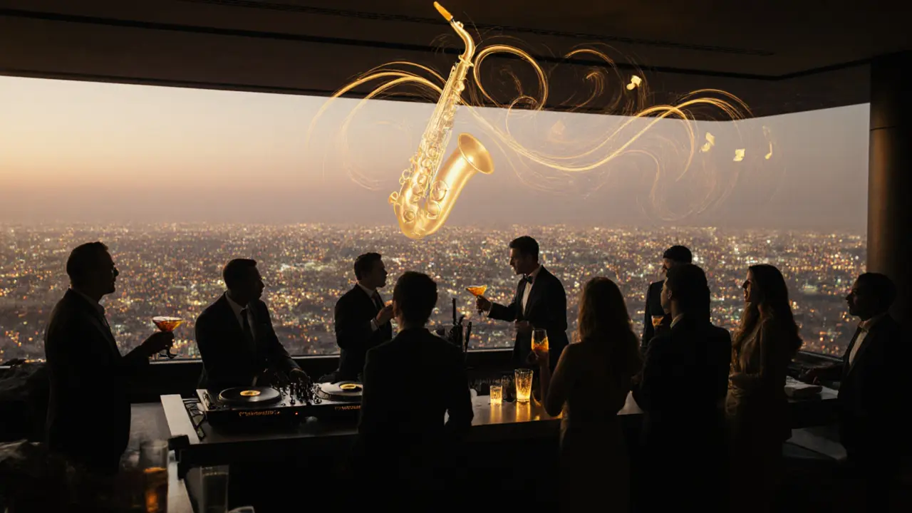 Rooftop bar at dusk with city lights below, guests sipping cocktails as a DJ plays live.