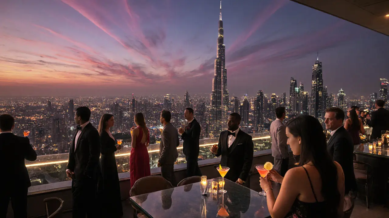 Rooftop bar with guests enjoying cocktails and view of Burj Khalifa at sunset.