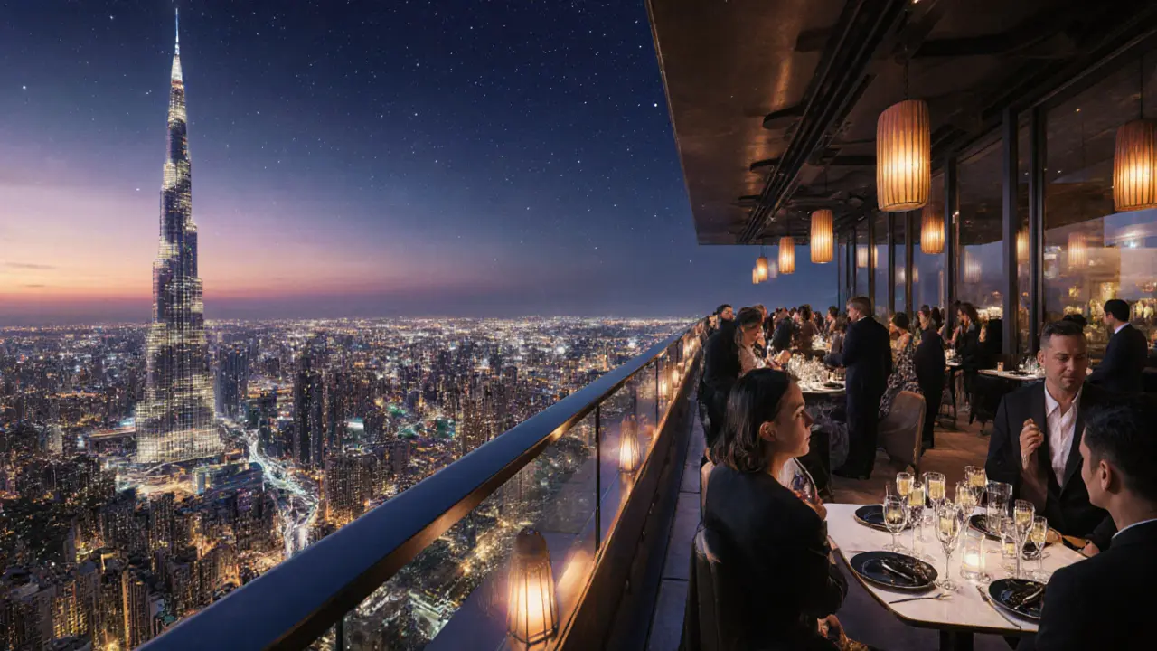Rooftop lounge At.mosphere with elegant table and city lights at sunset.