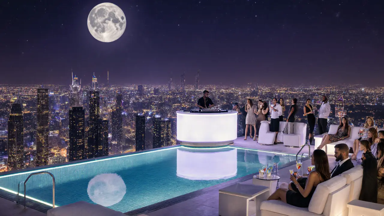 Rooftop pool lounge with DJ, cocktails, and city lights after 2 AM.