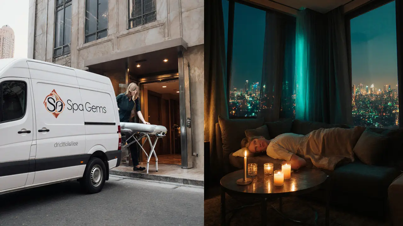 Split‑screen showing spa van arrival versus a home massage scene in Dubai.