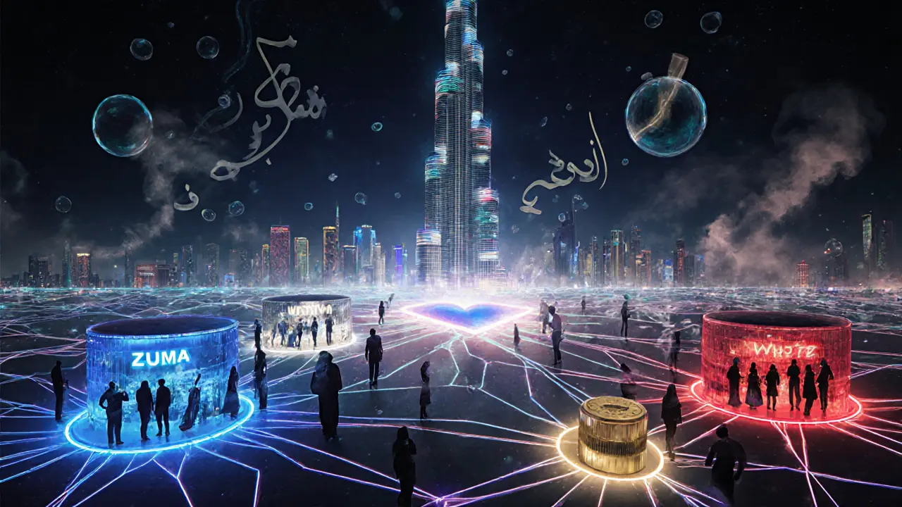 Surreal network of glowing venues connected by light trails, symbolizing Dubai's vibrant nightlife ecosystem.