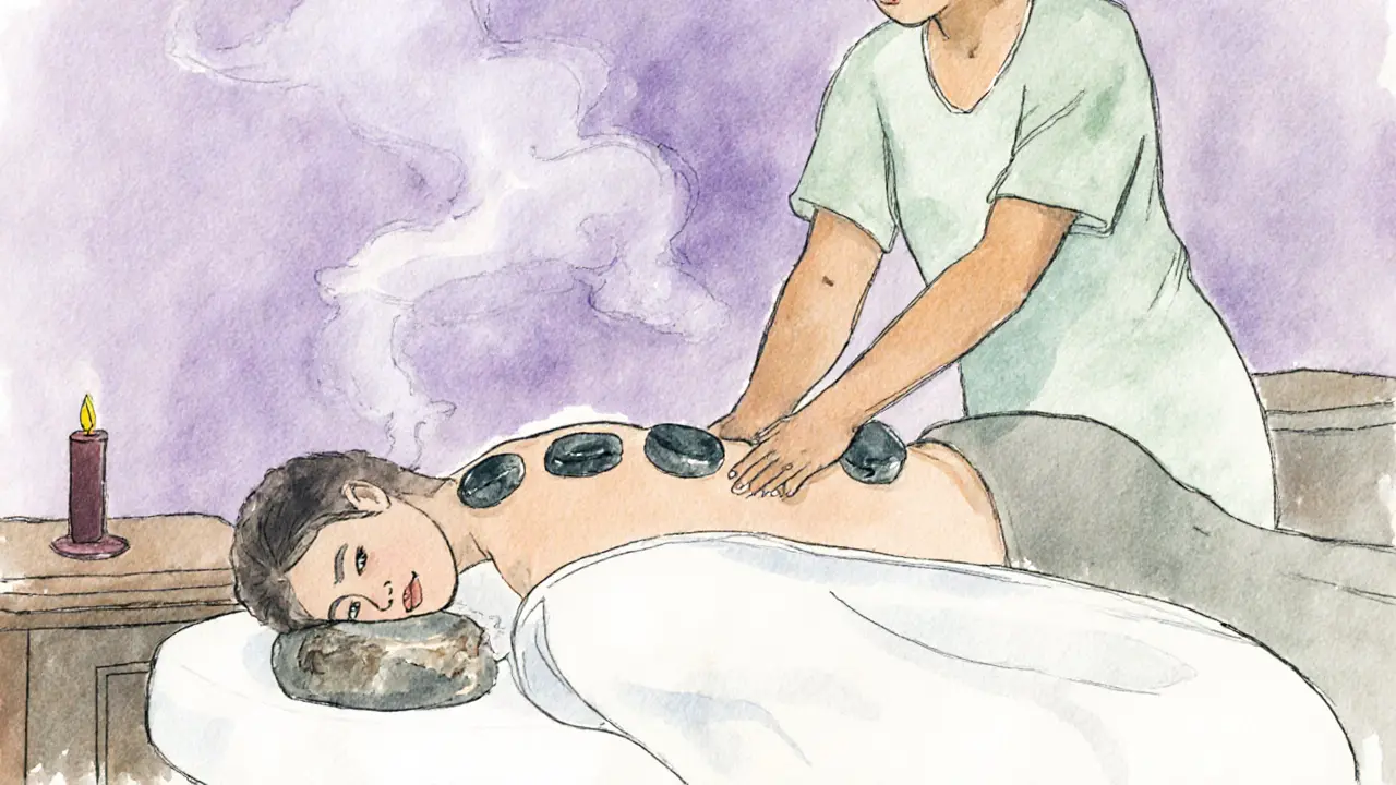 Therapist giving a full‑body massage with lavender aroma and hot stones.