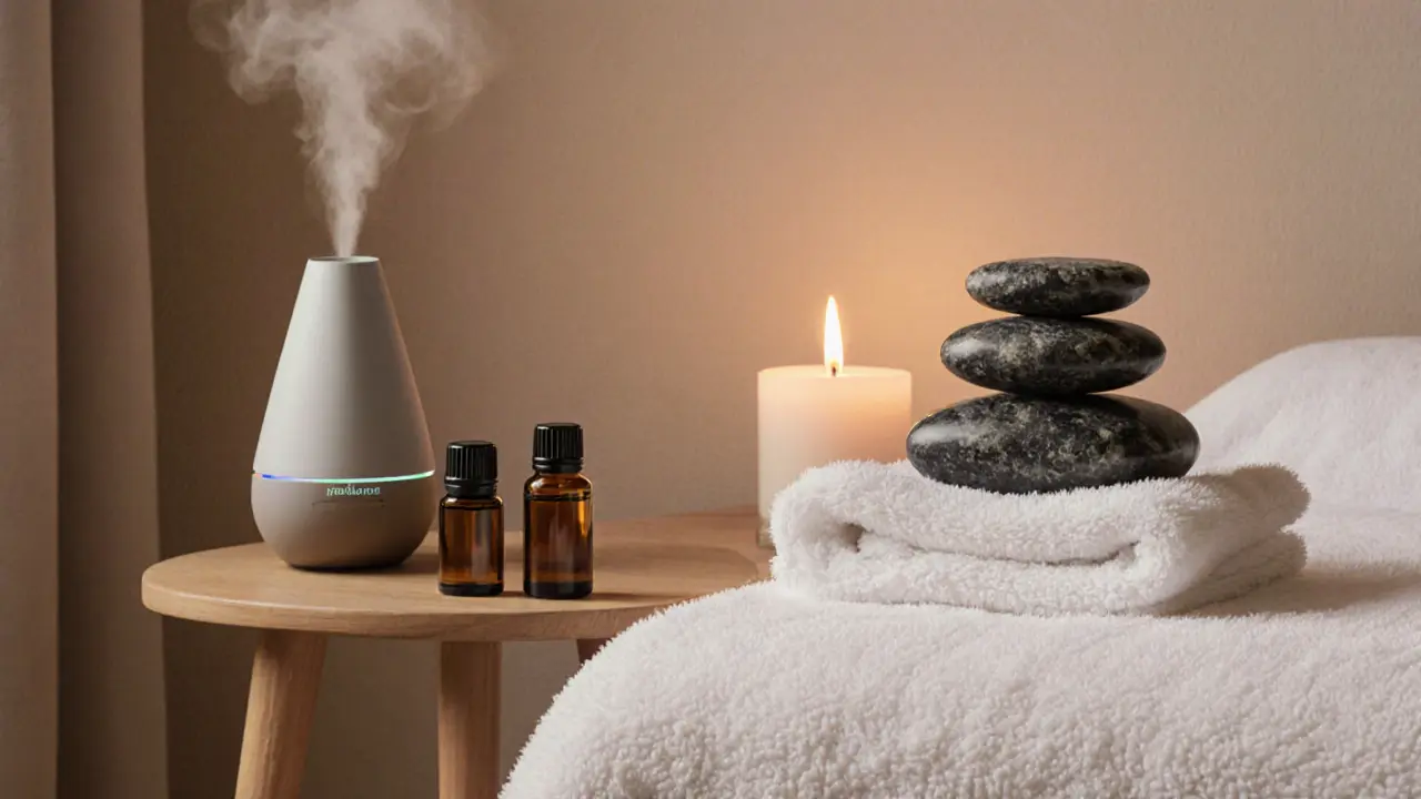 Tranquil spa room featuring essential oils, diffusers, hot stones and a candle.