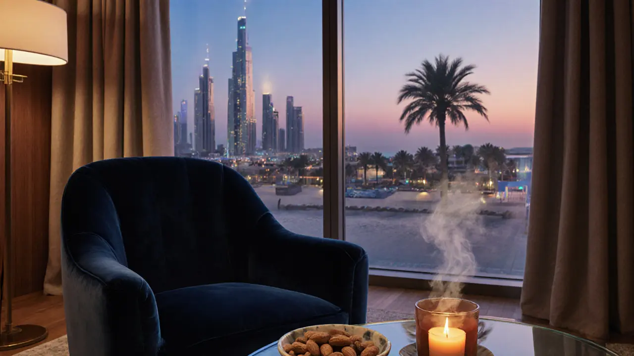 Twilight lounge with tea, candle, and Dubai skyline visible through large windows.