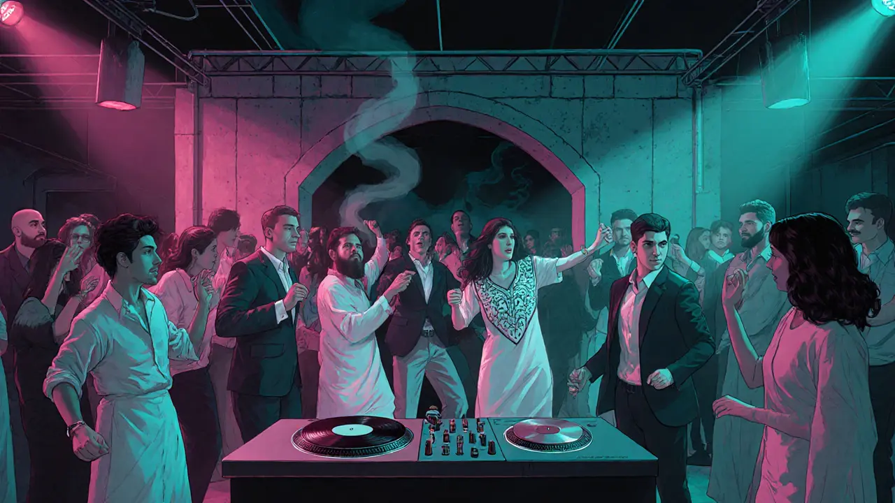 Underground lounge in Alserkal Avenue with diverse crowd dancing under pulsing colored lights.