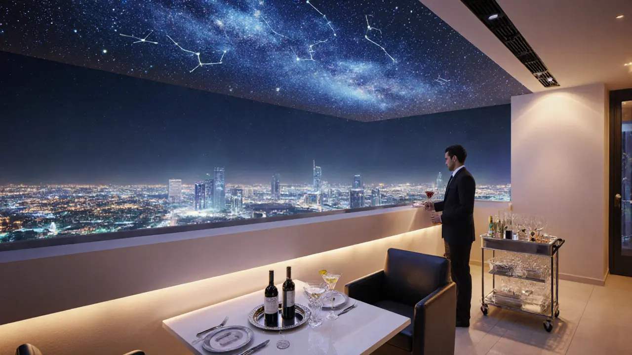 VIP Sky Deck view with luxury table, bottles, and a starry LED ceiling galaxy above.