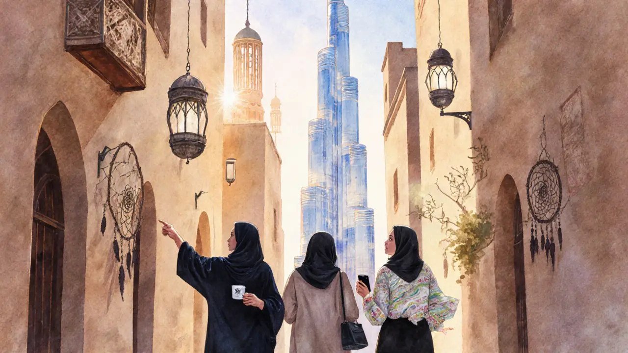Watercolor of women walking from Al Fahidi alley toward Burj Khalifa.