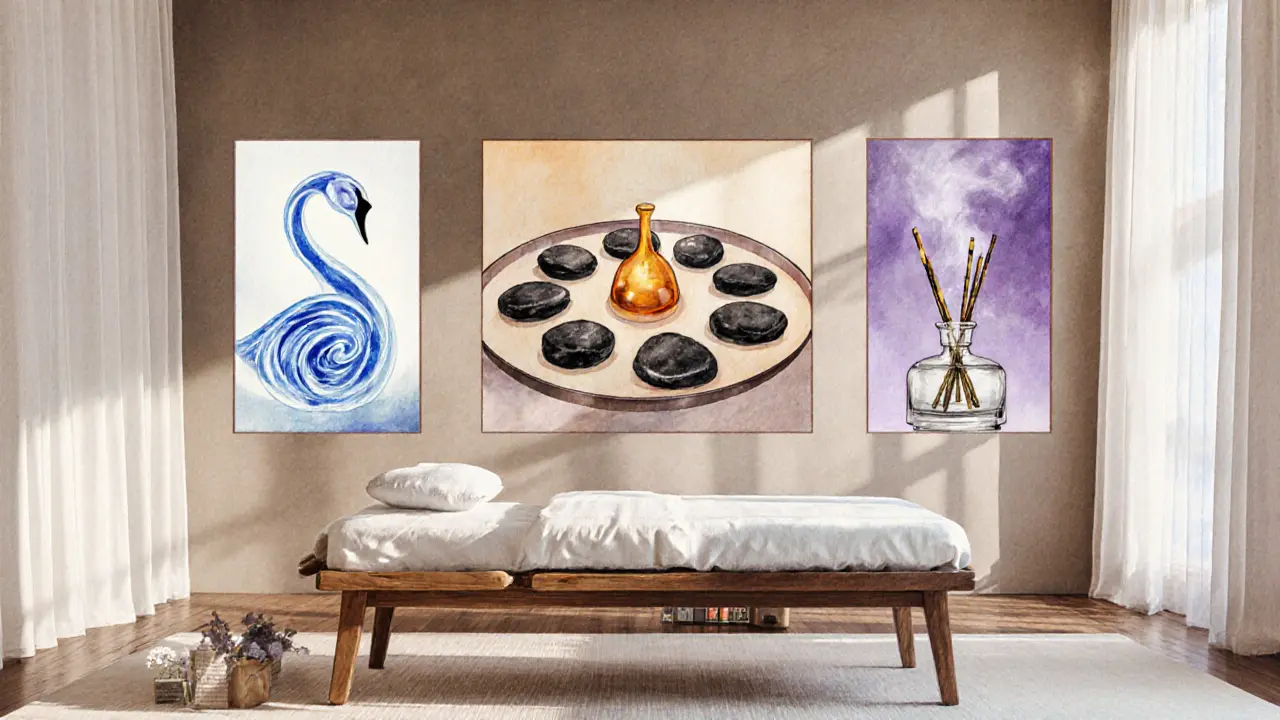 Watercolor spa room displaying symbols for Swedish, deep tissue, aromatherapy, and Shiatsu.
