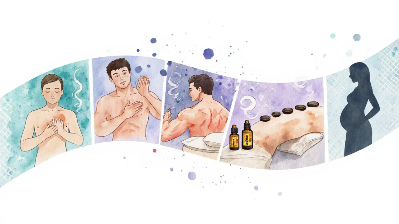 Watercolor vignettes of Swedish, Deep Tissue, Aromatherapy, Hot Stone, and Pregnancy massages.