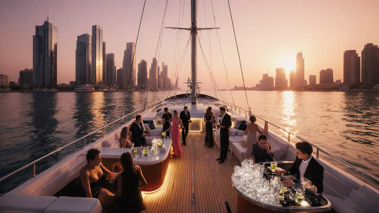 Yacht deck party at sunrise with guests, DJ, and Marina skyline.