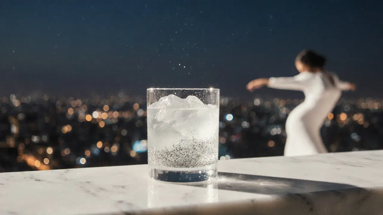A chilled white glass cocktail with silver dust on a marble ledge overlooking Dubai&#039;s glittering skyline at night.