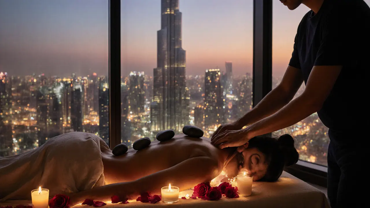 A client receiving a hot stone massage in a luxury Dubai spa with the Burj Khalifa glowing in the background at sunset.