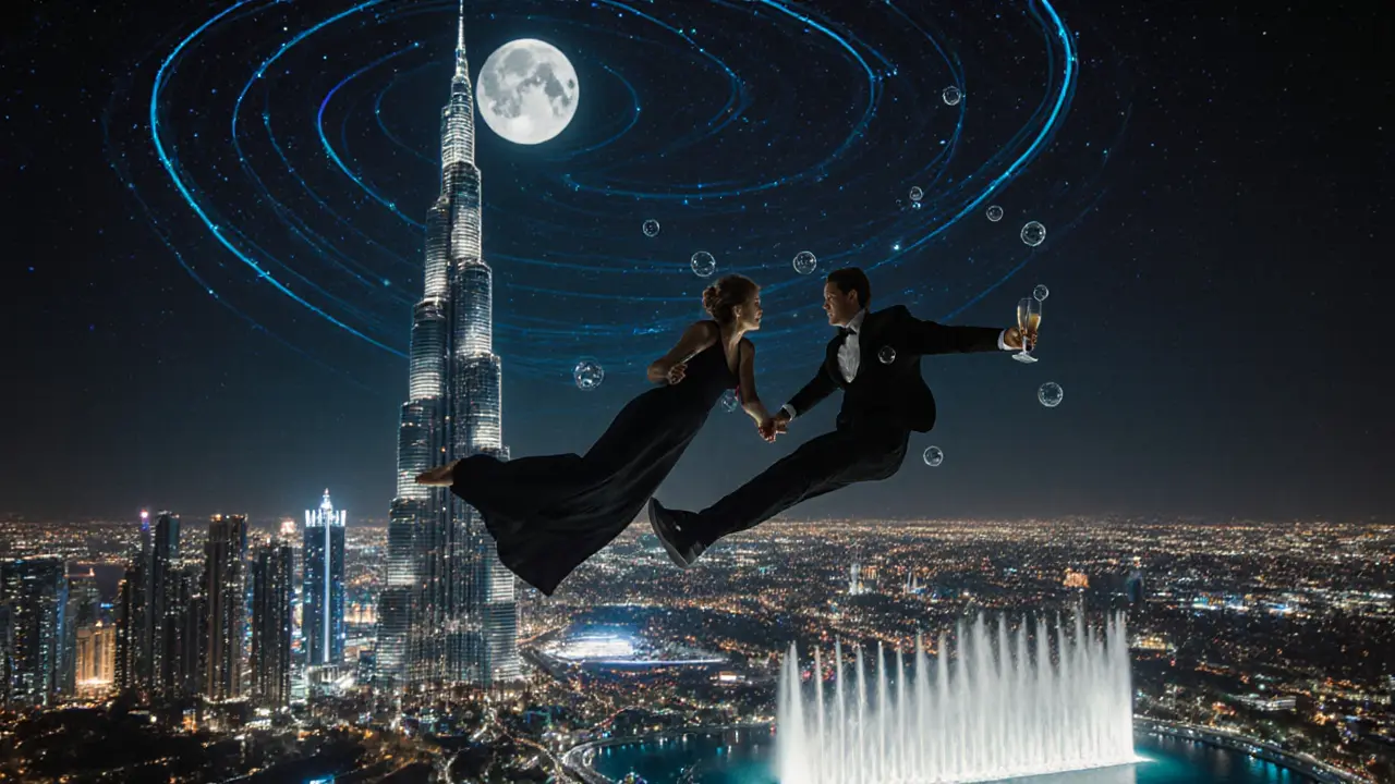 A couple floats hand-in-hand above Dubai's skyline during a full moon, champagne bubbles drifting around them.