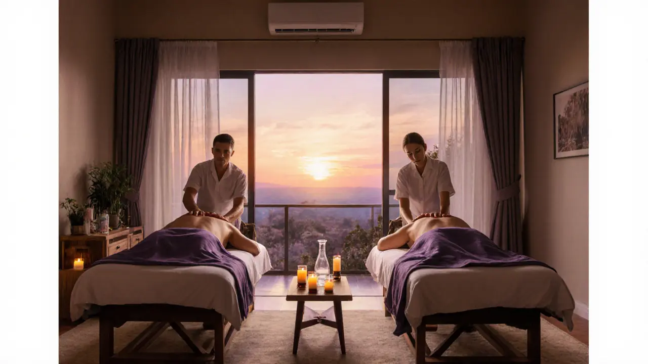 A couple receiving simultaneous massages on side-by-side tables in a cozy villa, surrounded by candles and natural light.