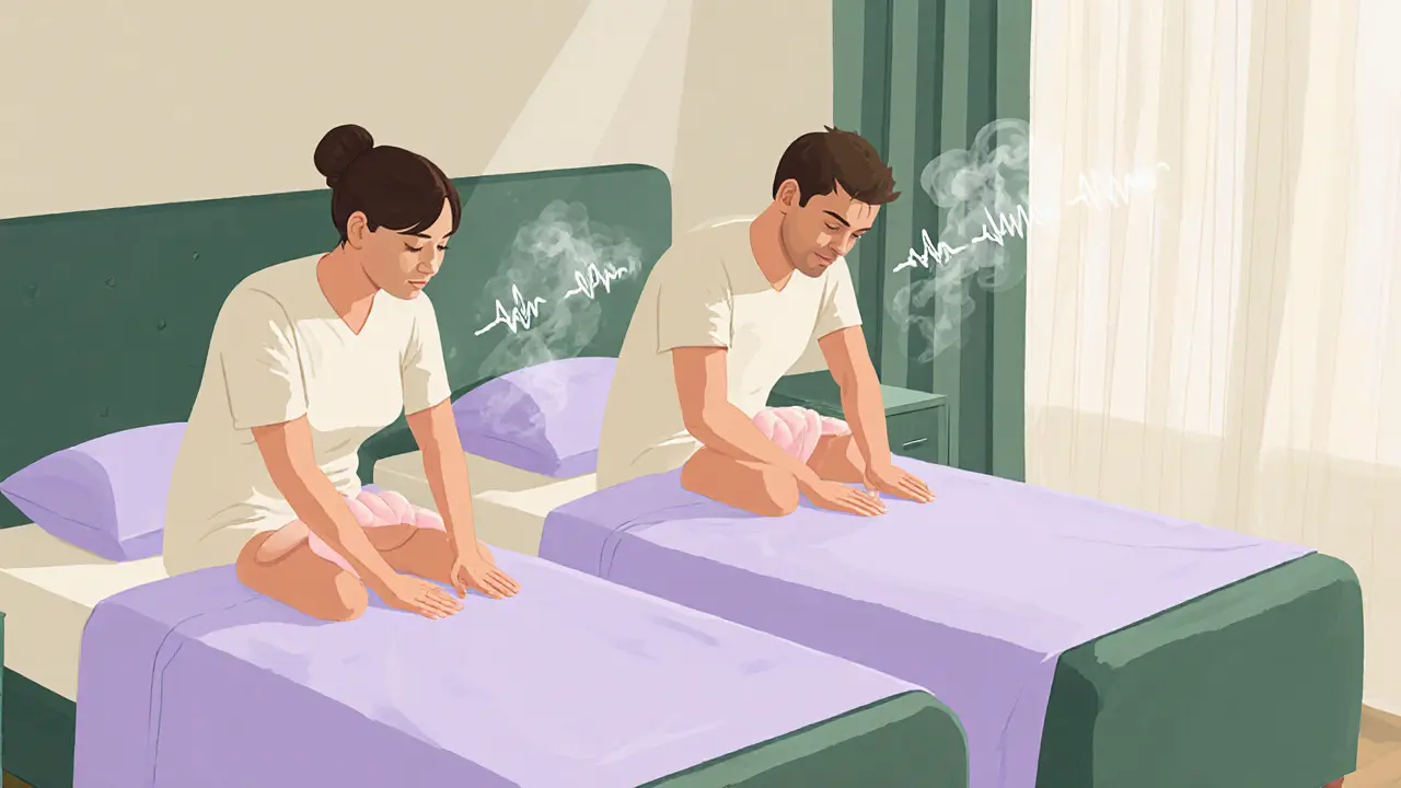 A couple relaxes side by side on massage tables in their bedroom, receiving simultaneous treatments.