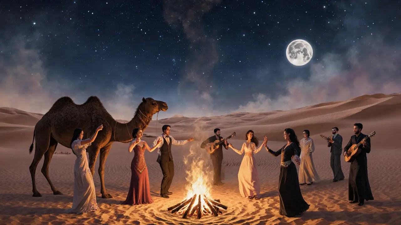 A desert party under the stars with bonfire, camel silhouettes, and people dancing to live Arabic music.